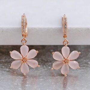 Pink CZ flower 14k gold plated huggie earrings. New.
